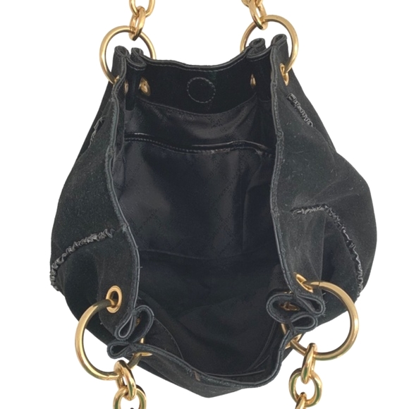 BCBGMAXAZRIA Black Suede Handbag Patent Leather & Gold Tone Chain Handle - Picture 5 of 13